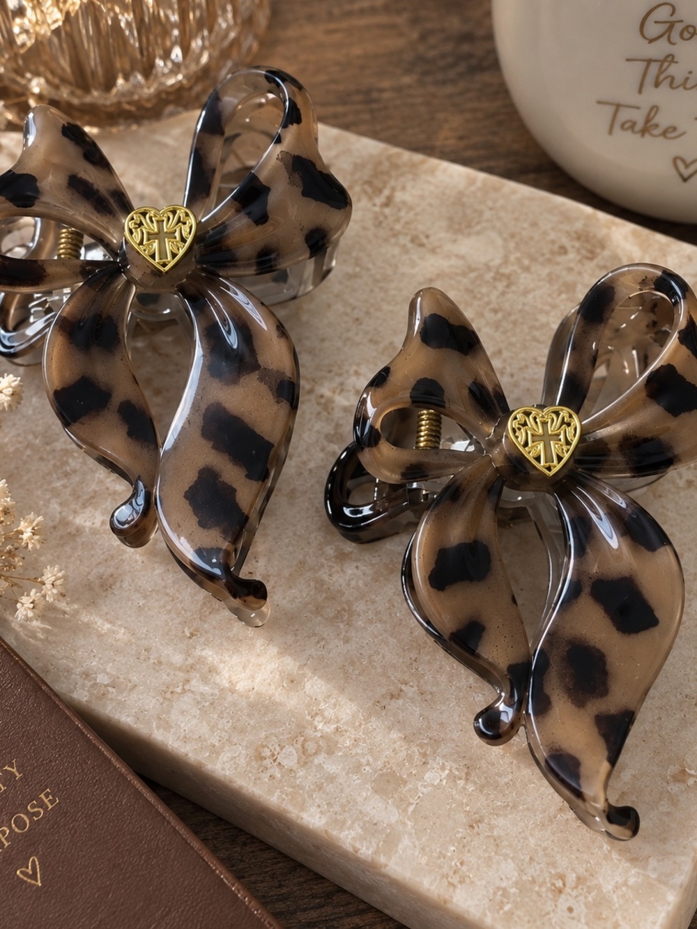 Leopard Coquette Bow Claw Clip Set of 2 Gold Cross